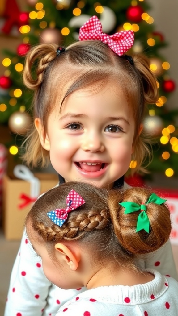 A cheerful toddler with various Christmas hairstyles, including pigtails and a messy bun with bows, surrounded by holiday decorations.